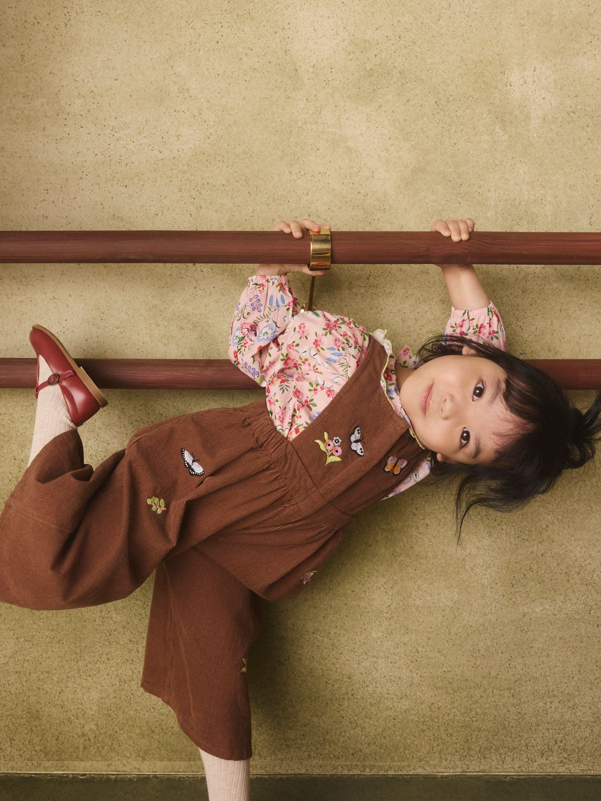 Brown Butterfly Embroidered Cord Dungaree and Blouse set (3mths-7yrs)