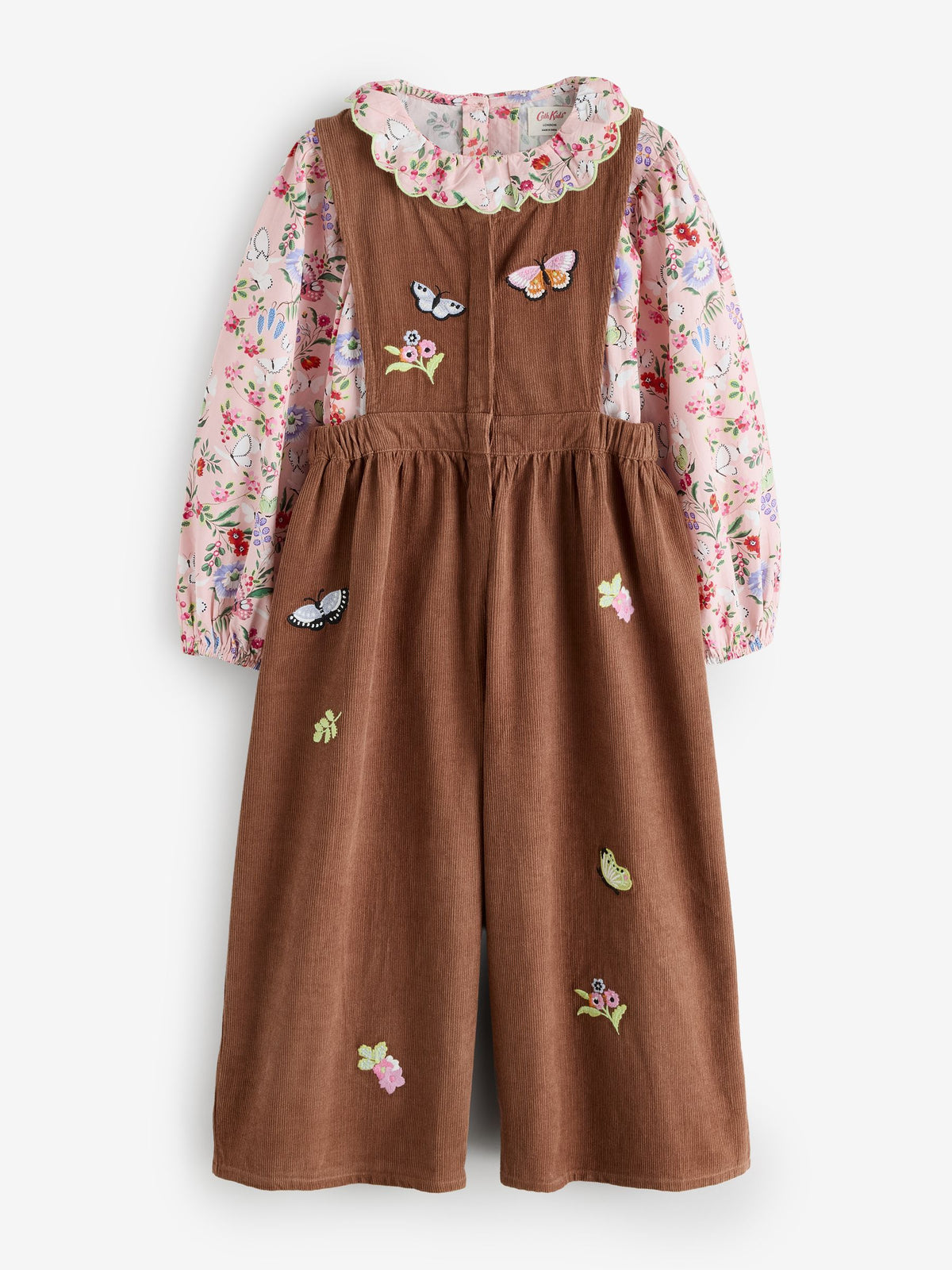 Brown Butterfly Embroidered Cord Dungaree and Blouse set (3mths-7yrs)