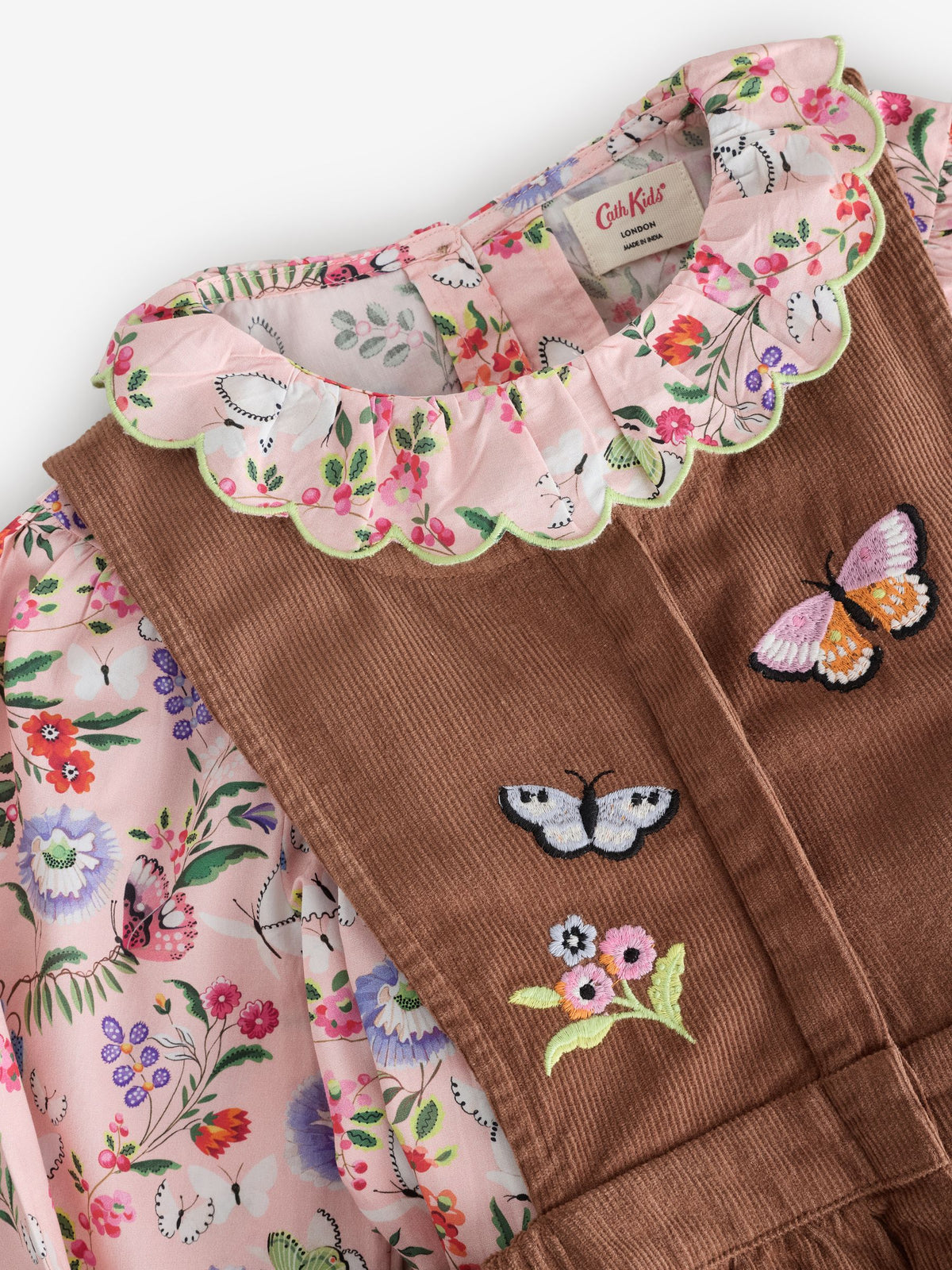 Brown Butterfly Embroidered Cord Dungaree and Blouse set (3mths-7yrs)