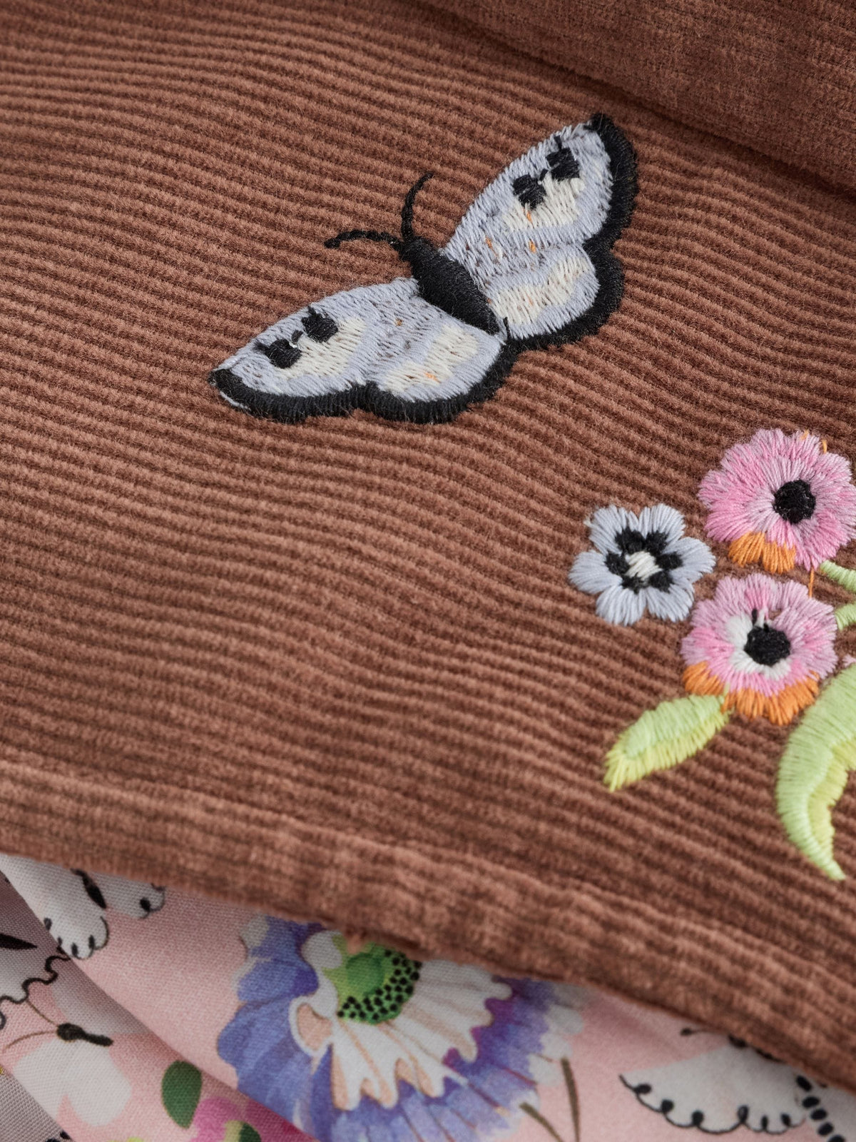 Brown Butterfly Embroidered Cord Dungaree and Blouse set (3mths-7yrs)