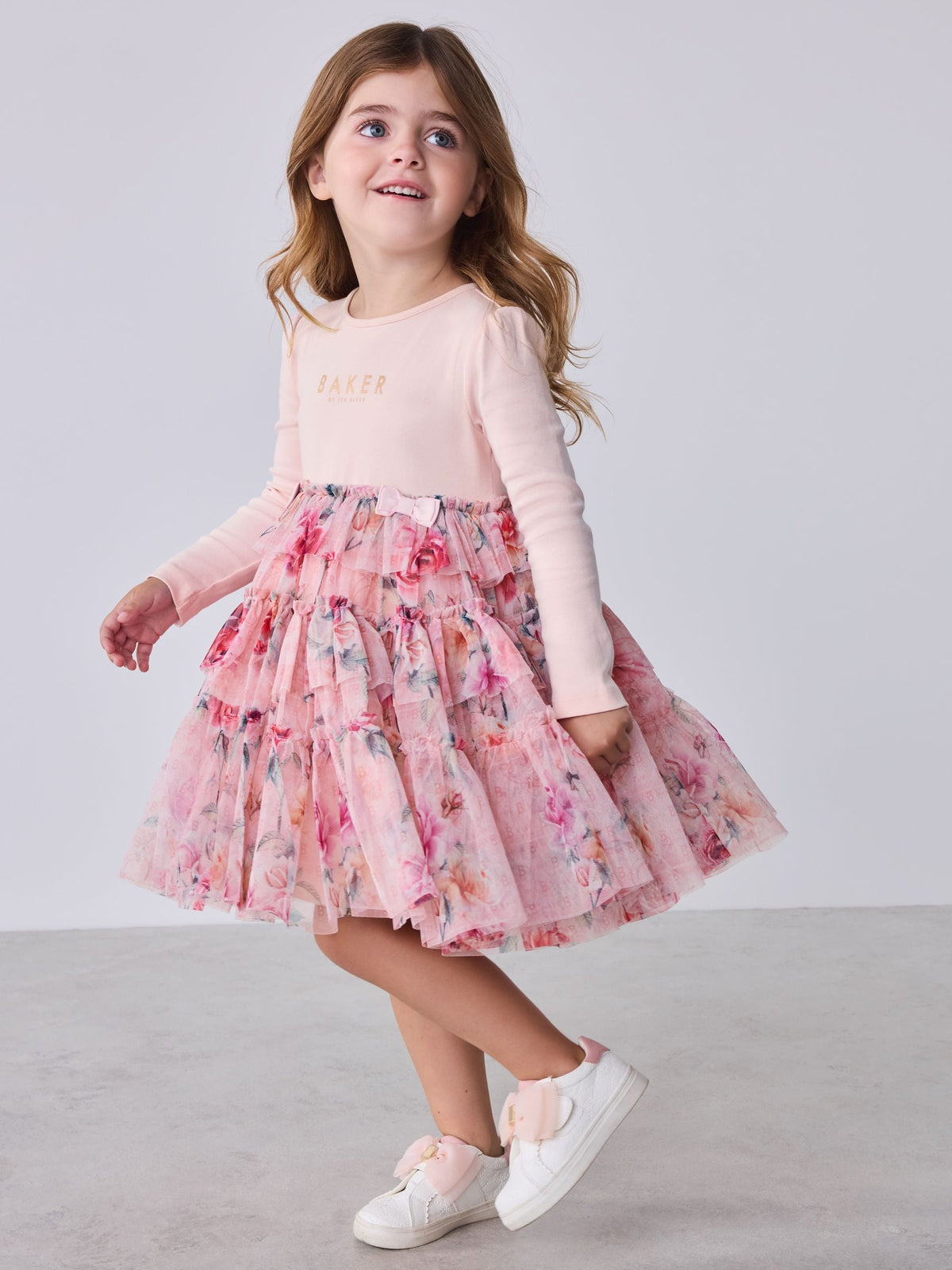 Baker by Ted Baker Pink Floral Tiered Mesh Mockable Dress