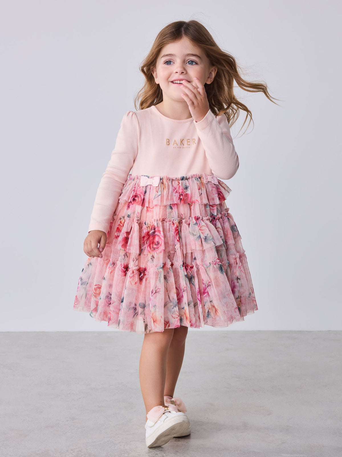Baker by Ted Baker Pink Floral Tiered Mesh Mockable Dress