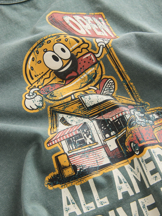 Teal Blue Burger Washed Graphic T-Shirt (3-16yrs)