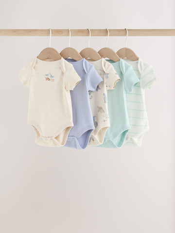 Neutral Dinosaur Short Sleeve Baby Bodysuits 5 Pack