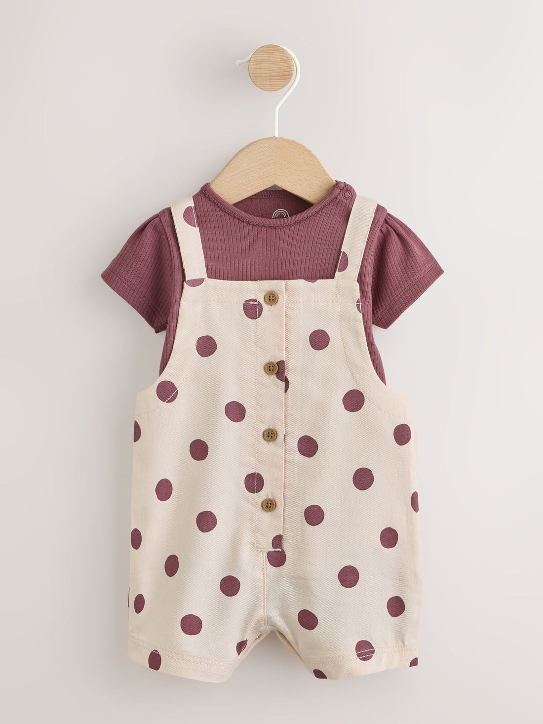Burgundy/Ecru Spot Woven Baby Dungaree And Bodysuit 2 Piece Set (0mths-2yrs)