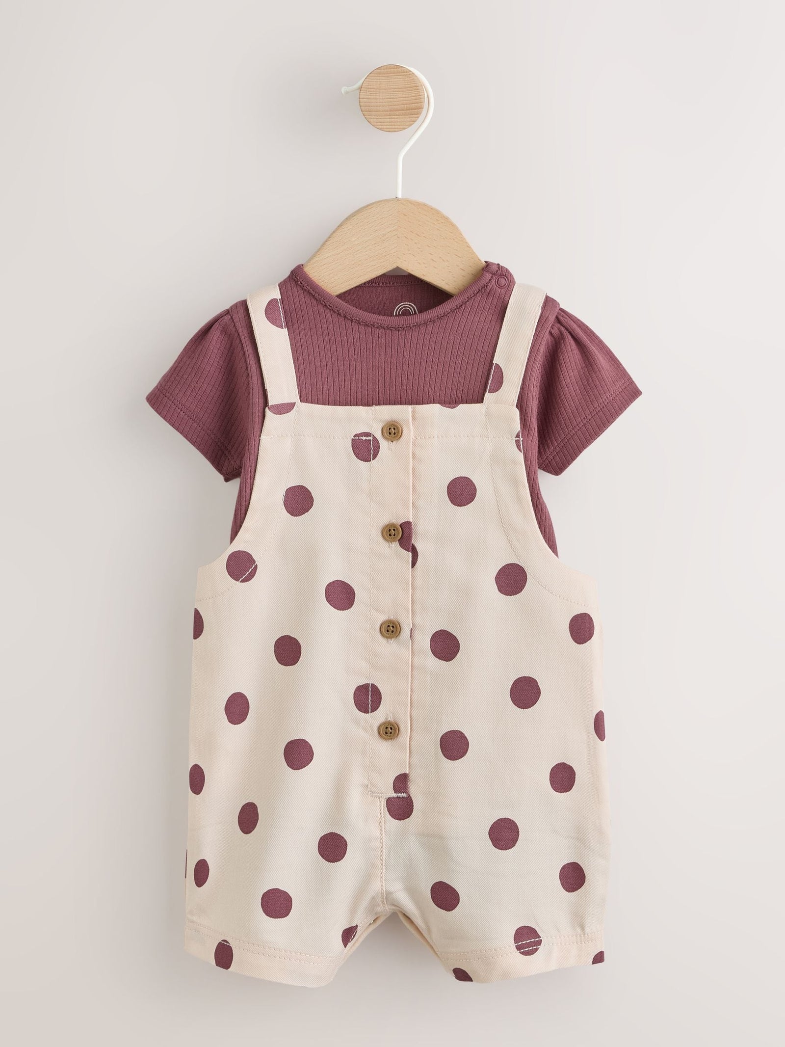 Burgundy/Ecru Spot Woven Baby Dungaree And Bodysuit 2 Piece Set (0mths-2yrs)