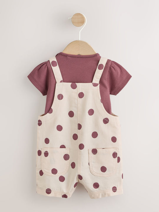 Burgundy/Ecru Spot Woven Baby Dungaree And Bodysuit 2 Piece Set (0mths-2yrs)