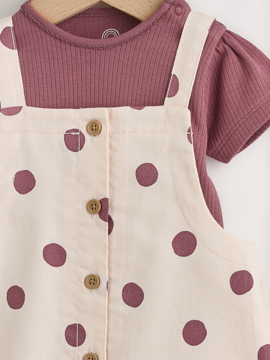 Burgundy/Ecru Spot Woven Baby Dungaree And Bodysuit 2 Piece Set (0mths-2yrs)
