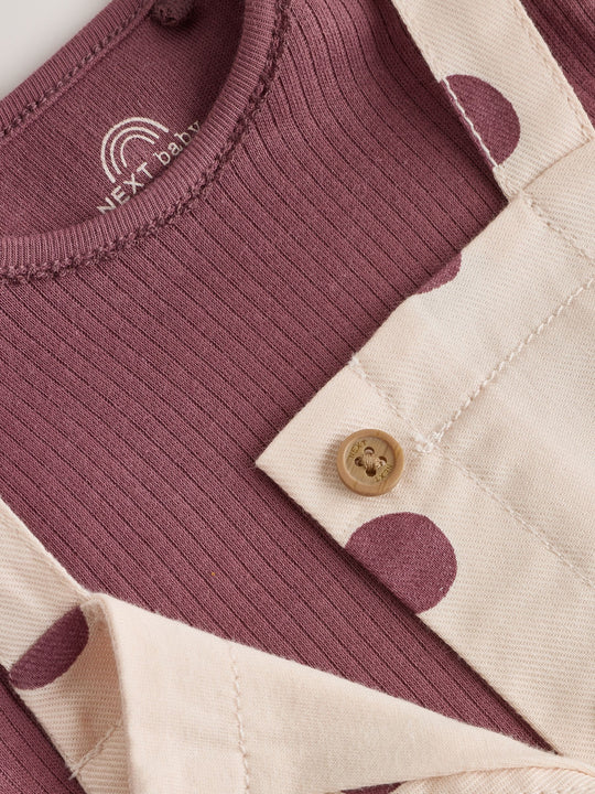 Burgundy/Ecru Spot Woven Baby Dungaree And Bodysuit 2 Piece Set (0mths-2yrs)