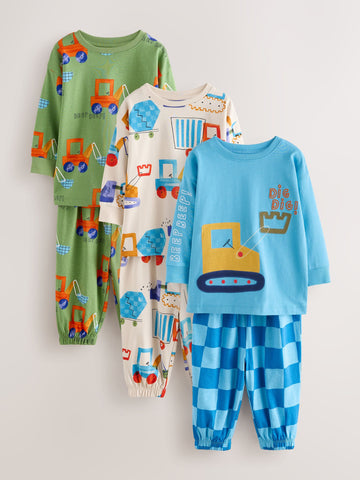 Bright Digger Long Sleeve Oversized Pyjamas 3 Pack (9mths-8yrs)
