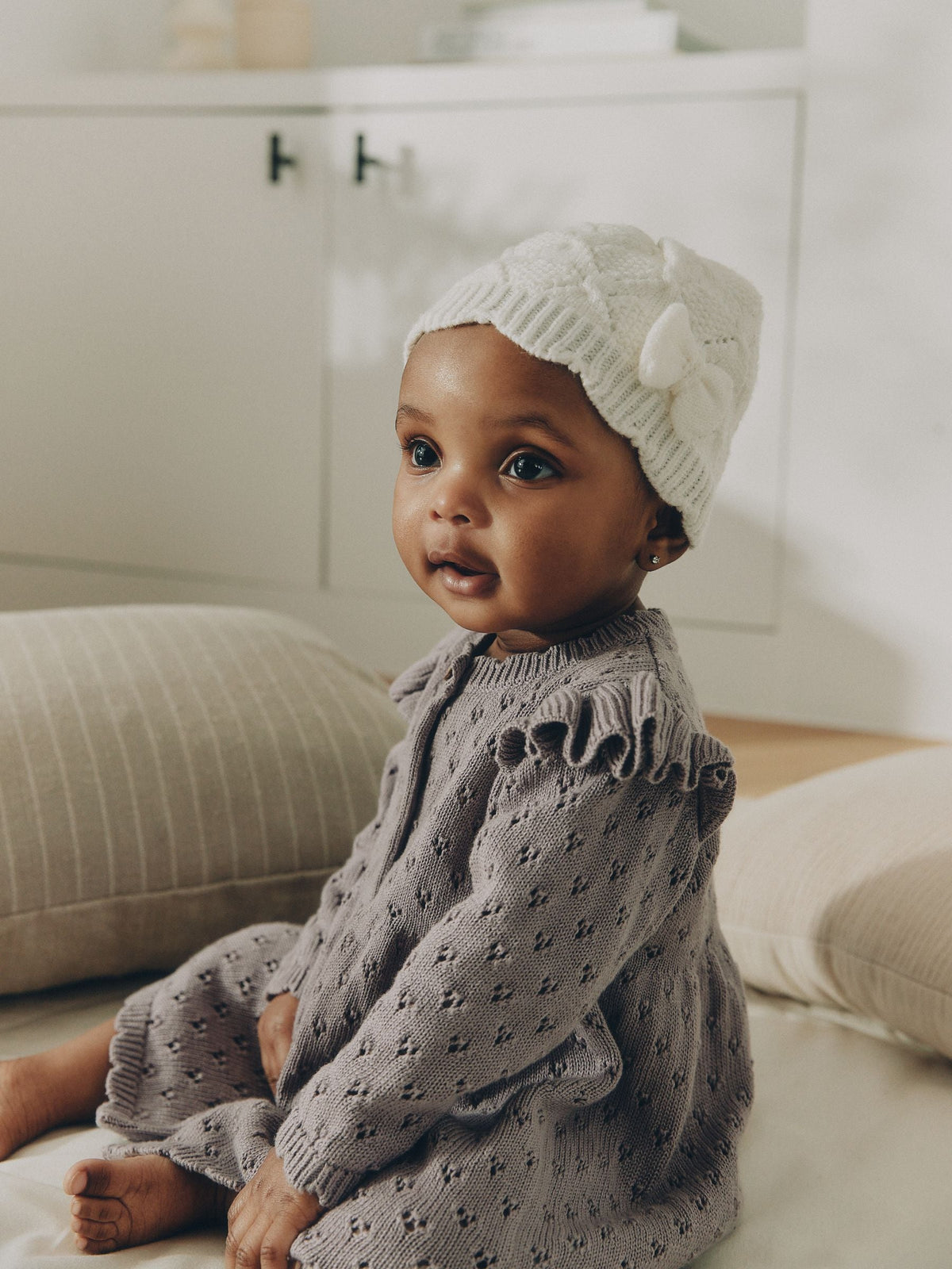 Cream Pointelle Knitted Bow Baby Beanie