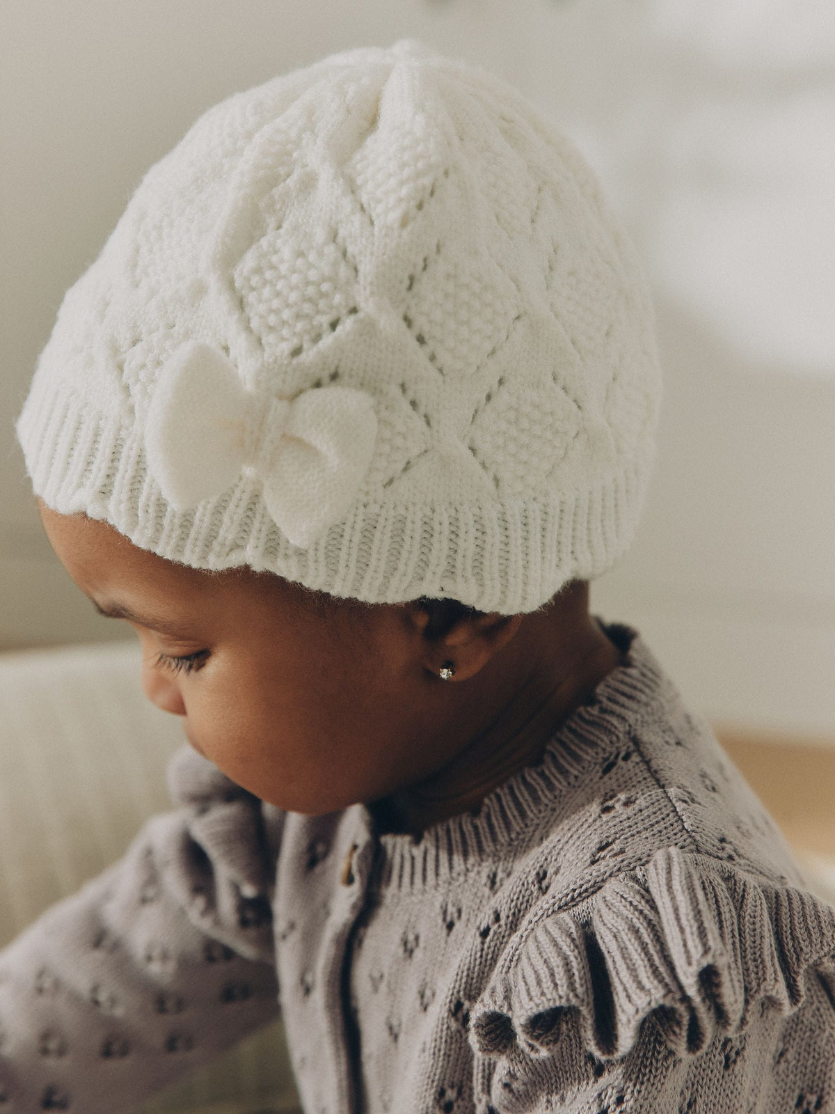 Cream Pointelle Knitted Bow Baby Beanie