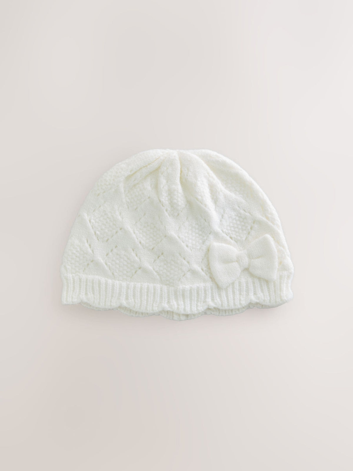 Cream Pointelle Knitted Bow Baby Beanie