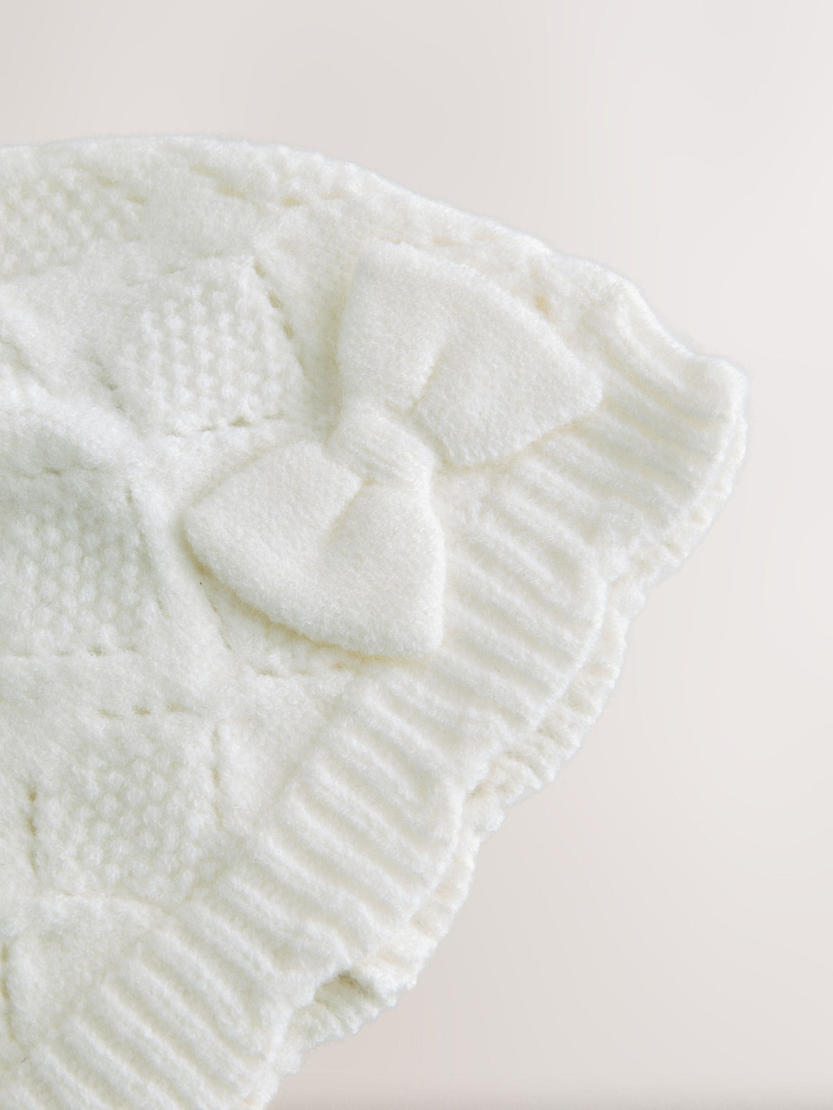 Cream Pointelle Knitted Bow Baby Beanie