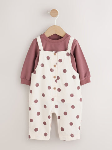 Brown/Cream Spot Baby Long Sleeve Bodysuit And Woven Dungarees Set 2 Piece (0mths-2yrs)