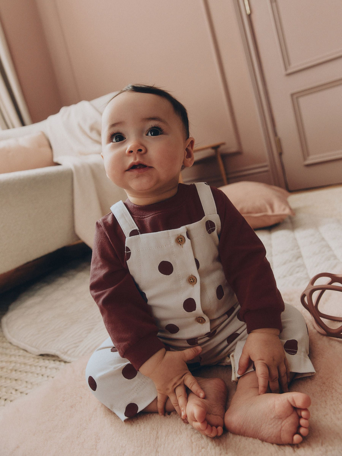 Brown/Cream Spot Baby Long Sleeve Bodysuit And Woven Dungarees Set 2 Piece (0mths-2yrs)