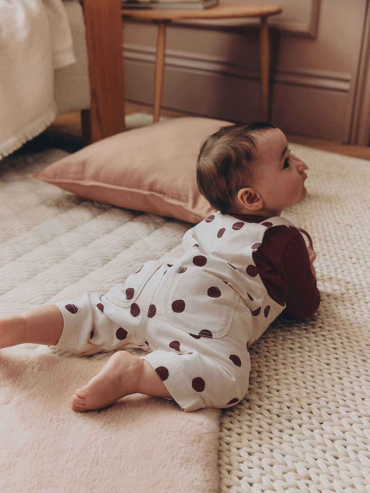 Brown/Cream Spot Baby Long Sleeve Bodysuit And Woven Dungarees Set 2 Piece (0mths-2yrs)