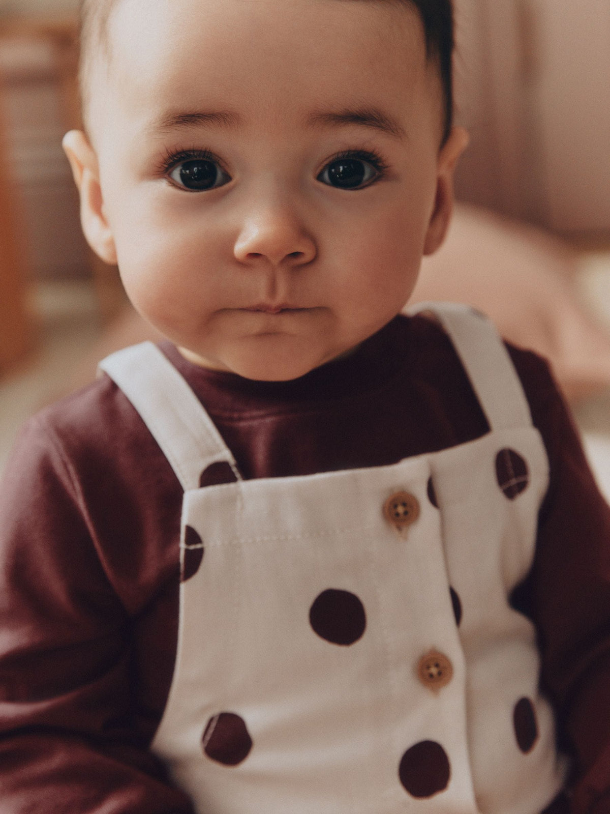 Brown/Cream Spot Baby Long Sleeve Bodysuit And Woven Dungarees Set 2 Piece (0mths-2yrs)