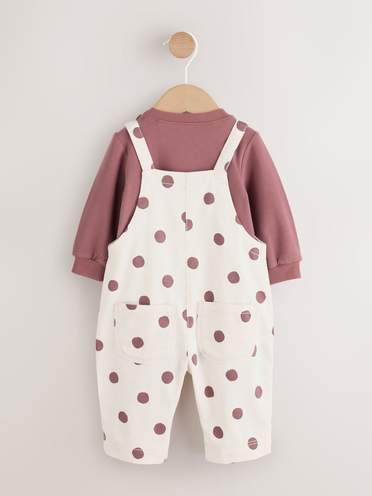Brown/Cream Spot Baby Long Sleeve Bodysuit And Woven Dungarees Set 2 Piece (0mths-2yrs)
