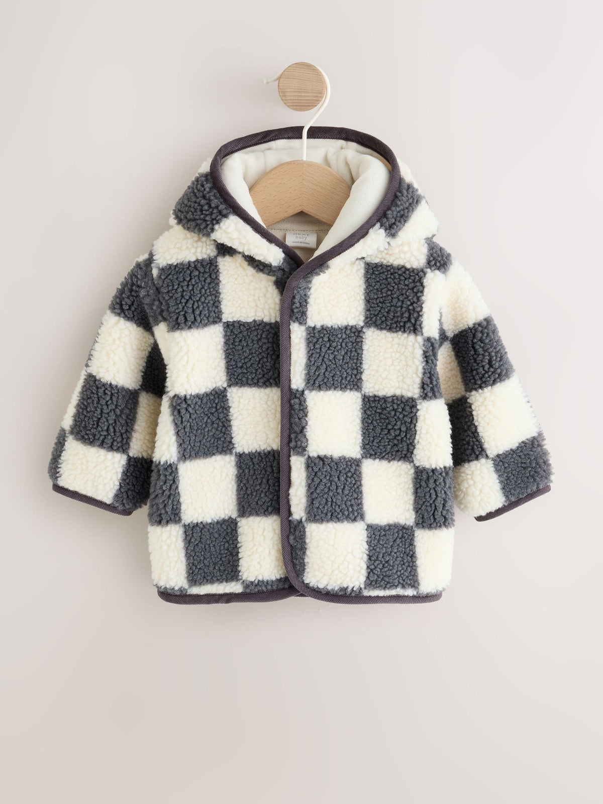 Grey Checkerboard Hooded Borg Baby Jacket (0mths-2yrs)