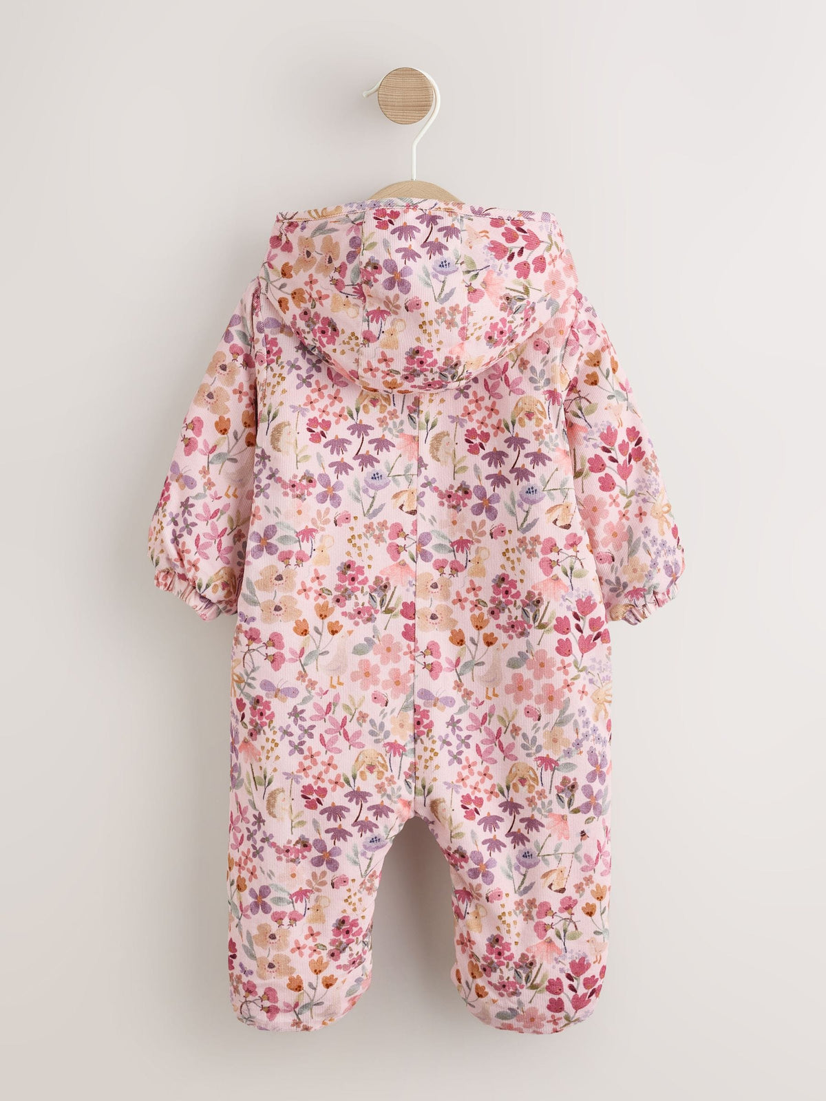 Pink Floral Double Zip Hooded Cord Baby All-In-One (0mths-2yrs)