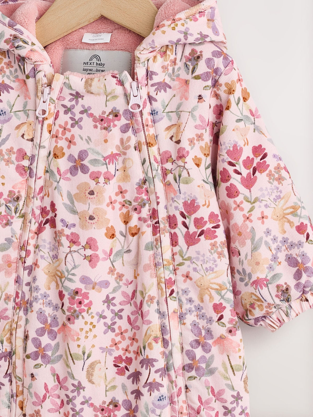 Pink Floral Double Zip Hooded Cord Baby All-In-One (0mths-2yrs)