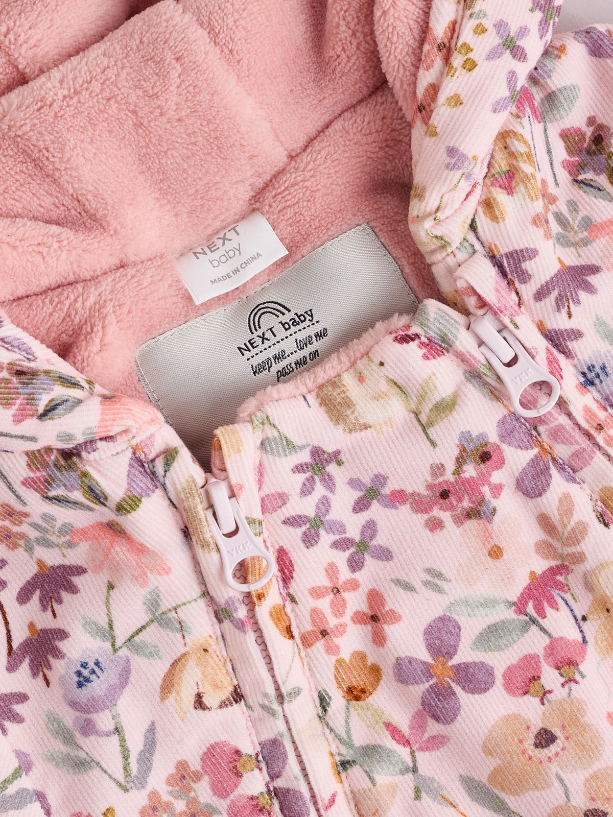 Pink Floral Double Zip Hooded Cord Baby All-In-One (0mths-2yrs)