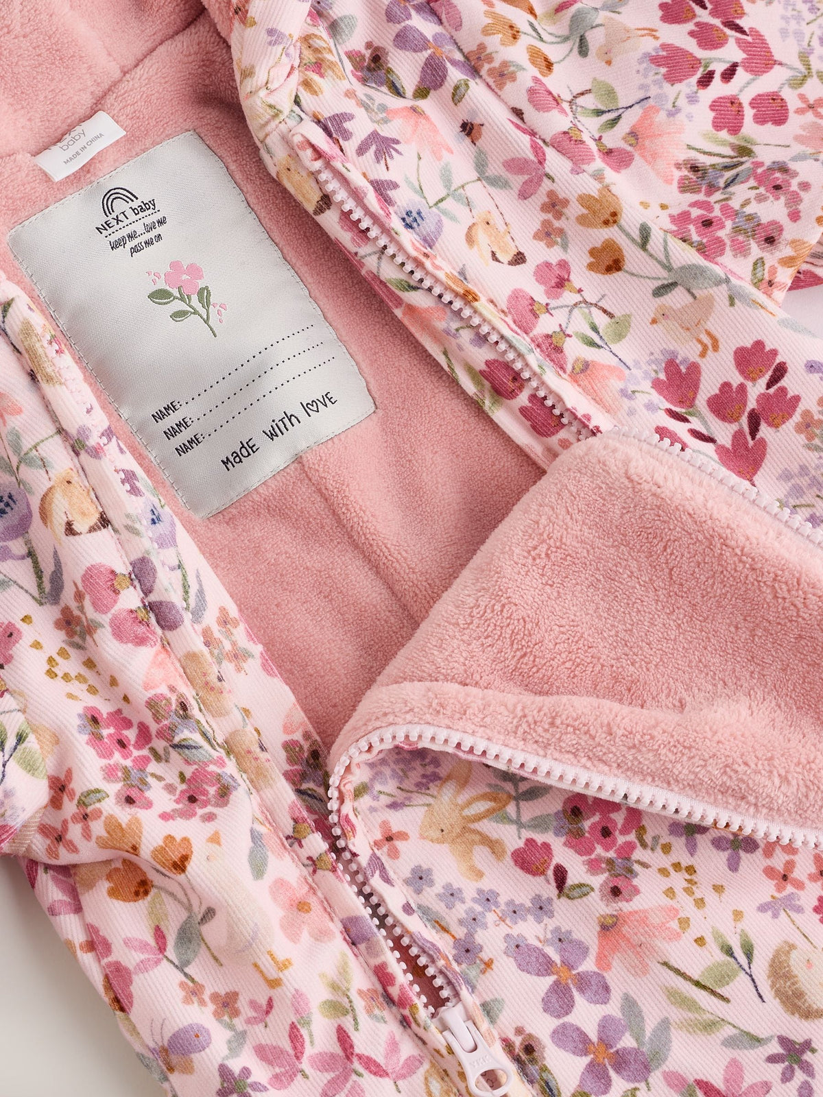 Pink Floral Double Zip Hooded Cord Baby All-In-One (0mths-2yrs)