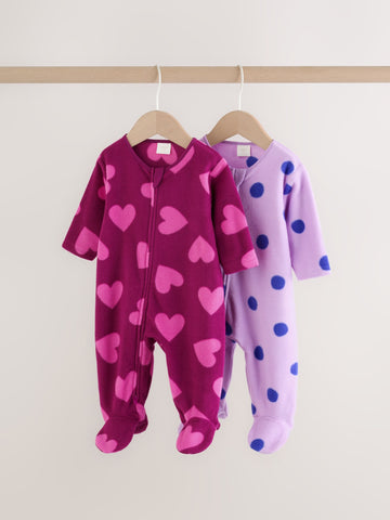 Purple/Pink Micro Fleece Two Way Zip Baby Sleepsuits 2 Pack