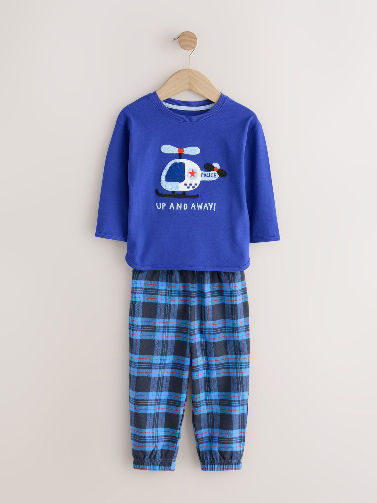 Blue/Navy Emergency Vechiles Check Woven Bottom Pyjamas 3 Pack (9mths-12yrs)