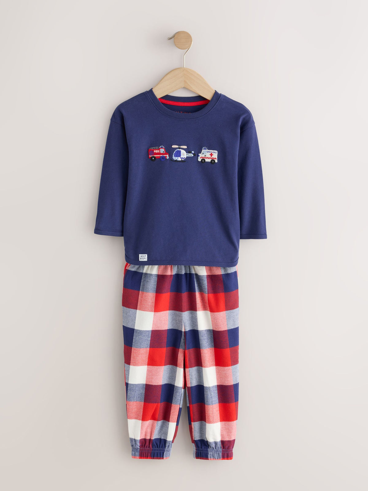 Blue/Navy Emergency Vechiles Check Woven Bottom Pyjamas 3 Pack (9mths-12yrs)