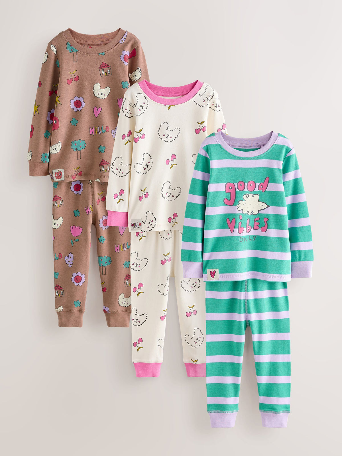Green/Pink Snuggle Pyjamas 3 Pack (9mths-12yrs)