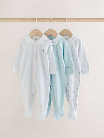 Pale Blue Collar Baby Sleepsuits 3 Pack (0-2yrs)
