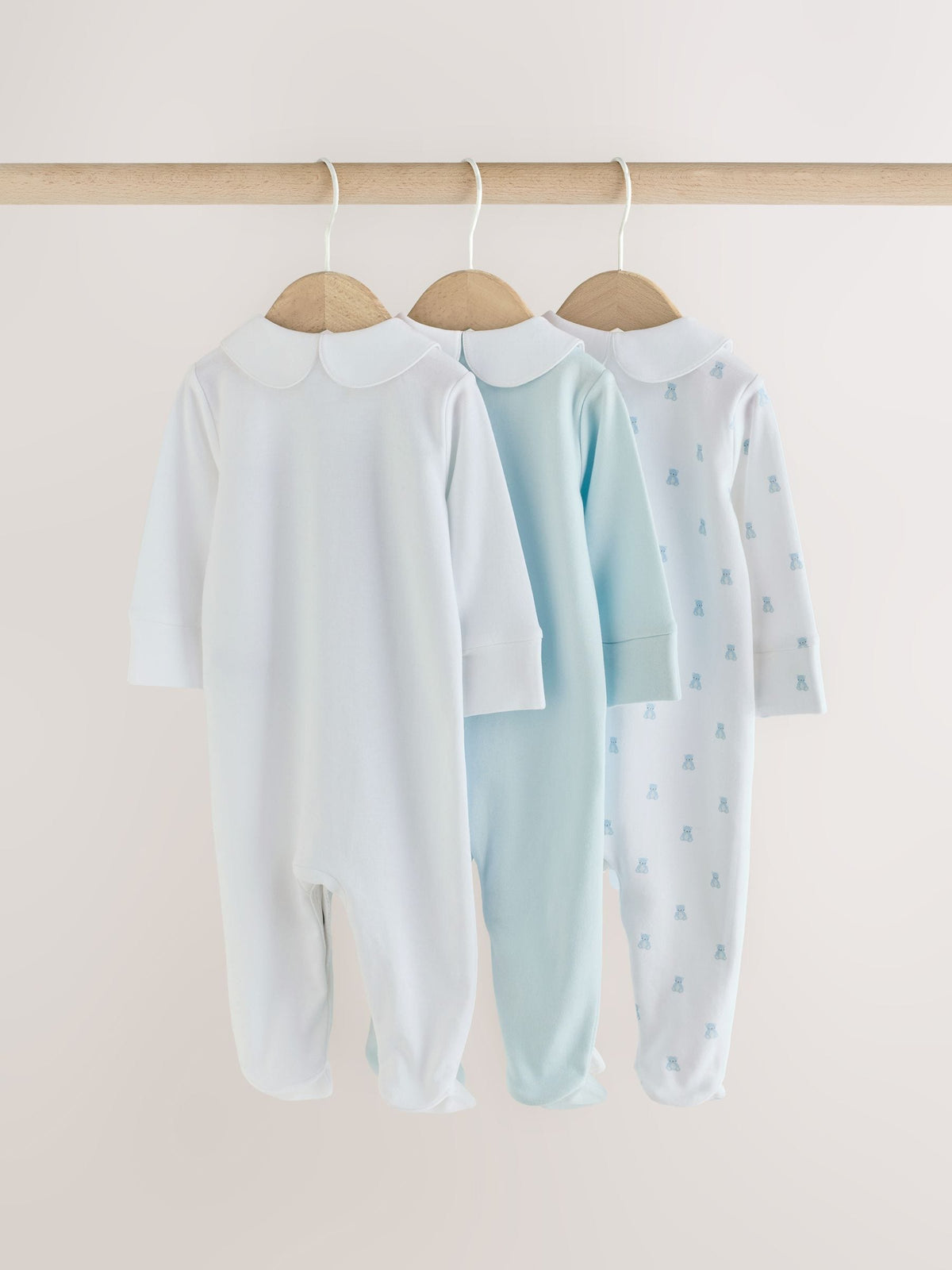 Pale Blue Collar Baby Sleepsuits 3 Pack (0-2yrs)