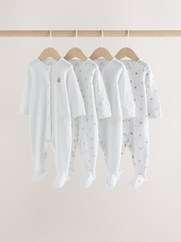 White Mini Safari Animals 4 Pack Baby Sleepsuits (0-2yrs)