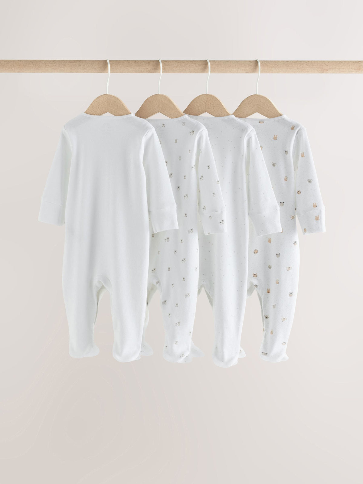 White Mini Safari Animals 4 Pack Baby Sleepsuits (0-2yrs)