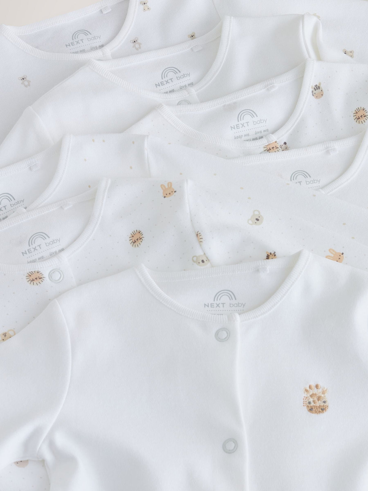 White Mini Safari Animals 7 Pack Baby Sleepsuits (0-2yrs)