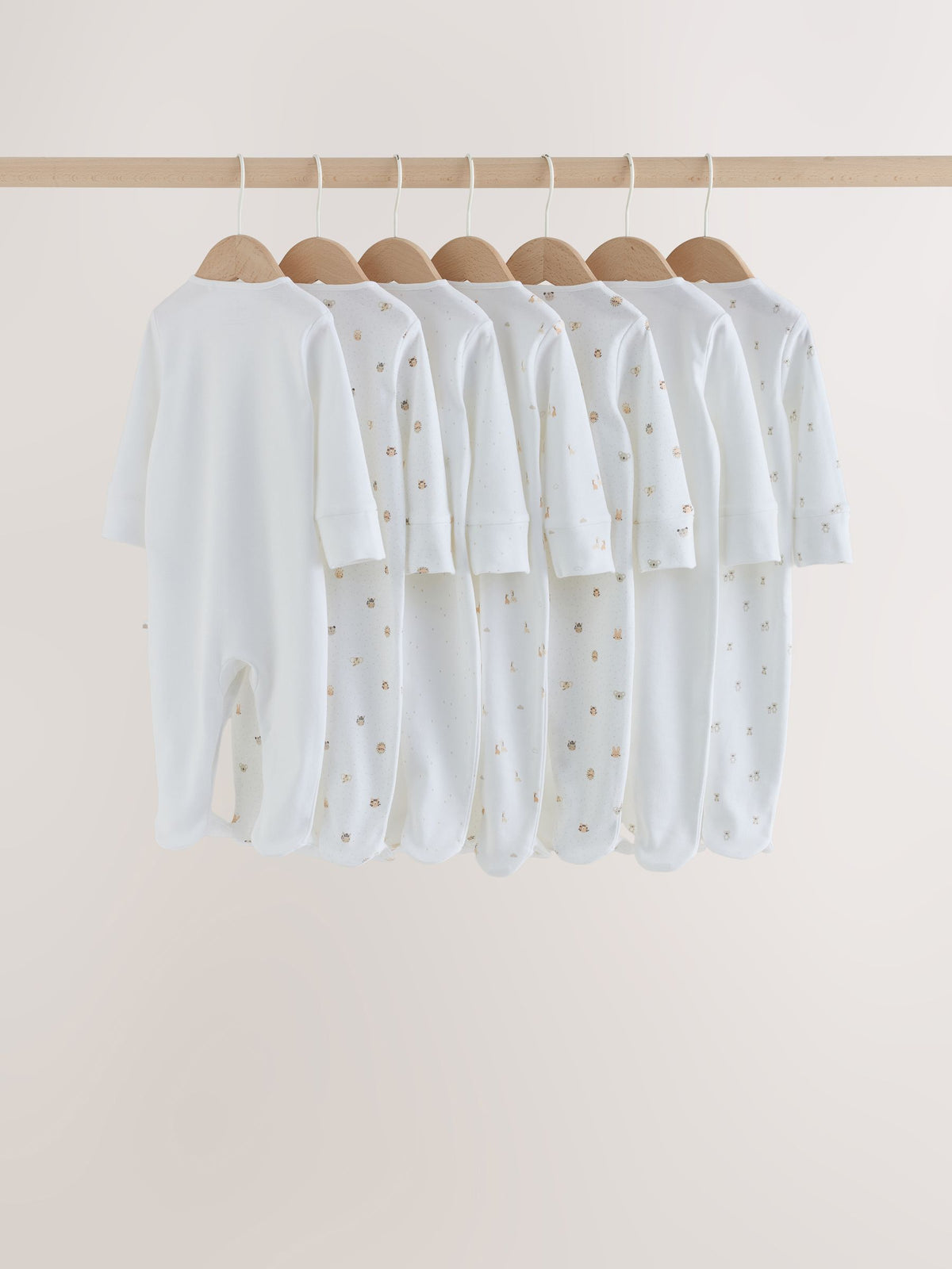 White Mini Safari Animals 7 Pack Baby Sleepsuits (0-2yrs)