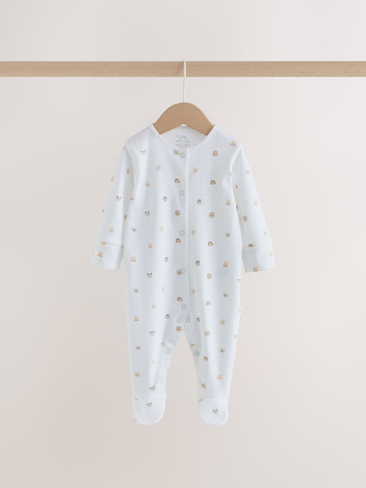 White Mini Safari Animals 7 Pack Baby Sleepsuits (0-2yrs)