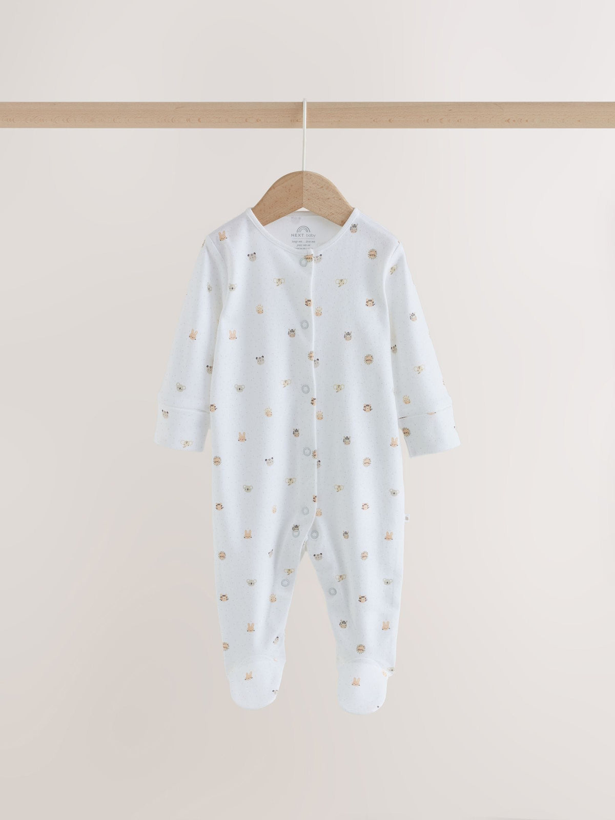 White Mini Safari Animals 7 Pack Baby Sleepsuits (0-2yrs)