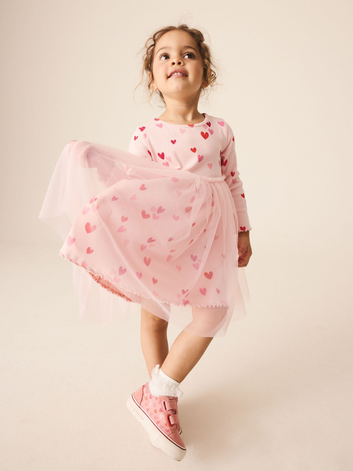 Pink Hearts Long Sleeve Ribbed Mesh Dress (3mths-7yrs)