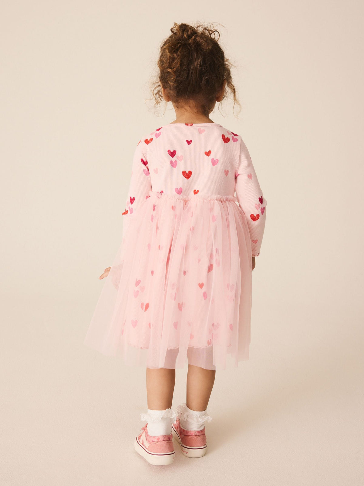 Pink Hearts Long Sleeve Ribbed Mesh Dress (3mths-7yrs)