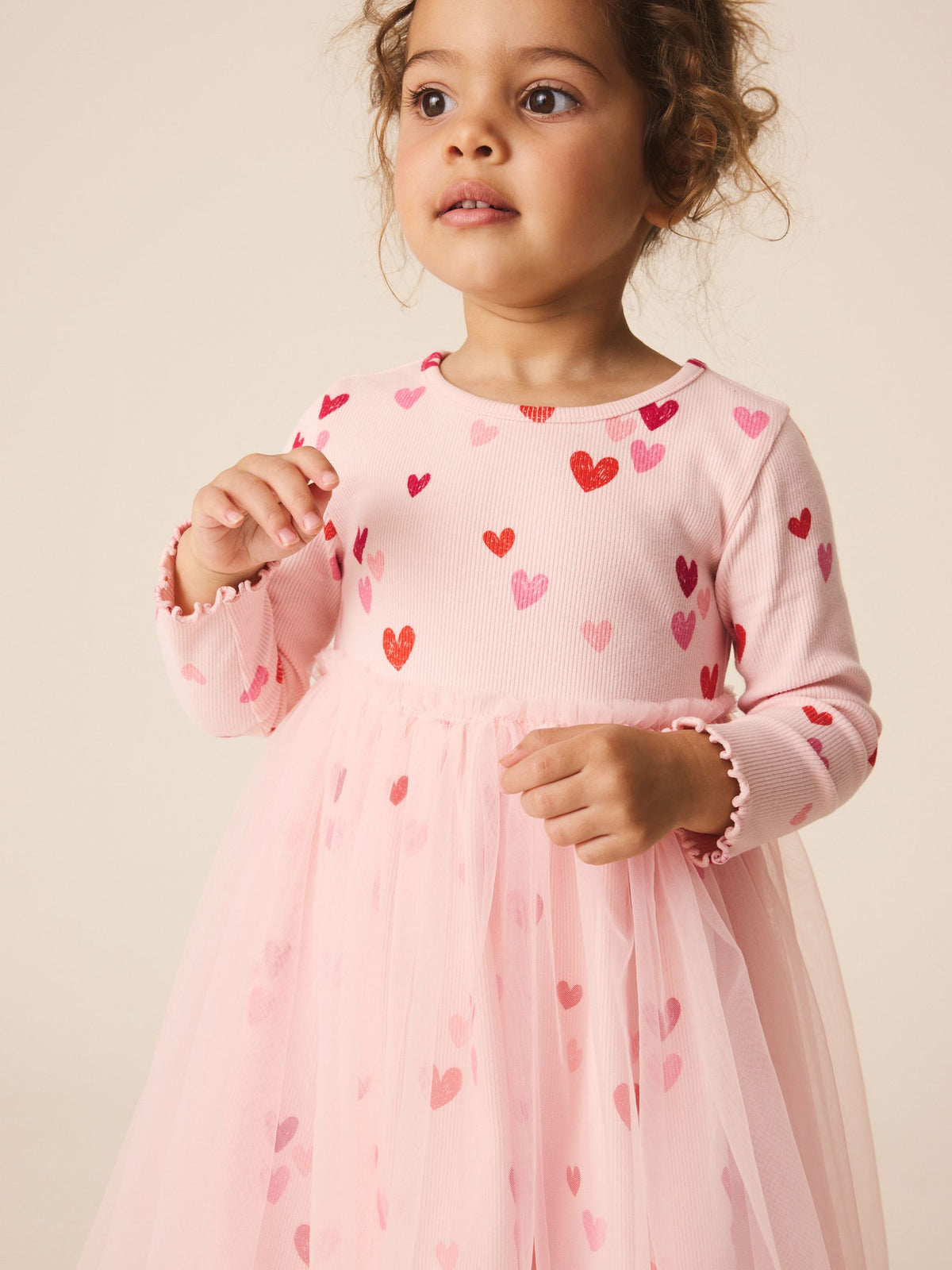 Pink Hearts Long Sleeve Ribbed Mesh Dress (3mths-7yrs)