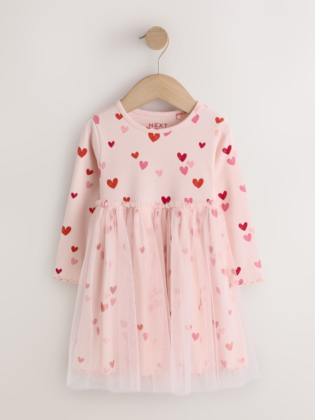 Pink Hearts Long Sleeve Ribbed Mesh Dress (3mths-7yrs)