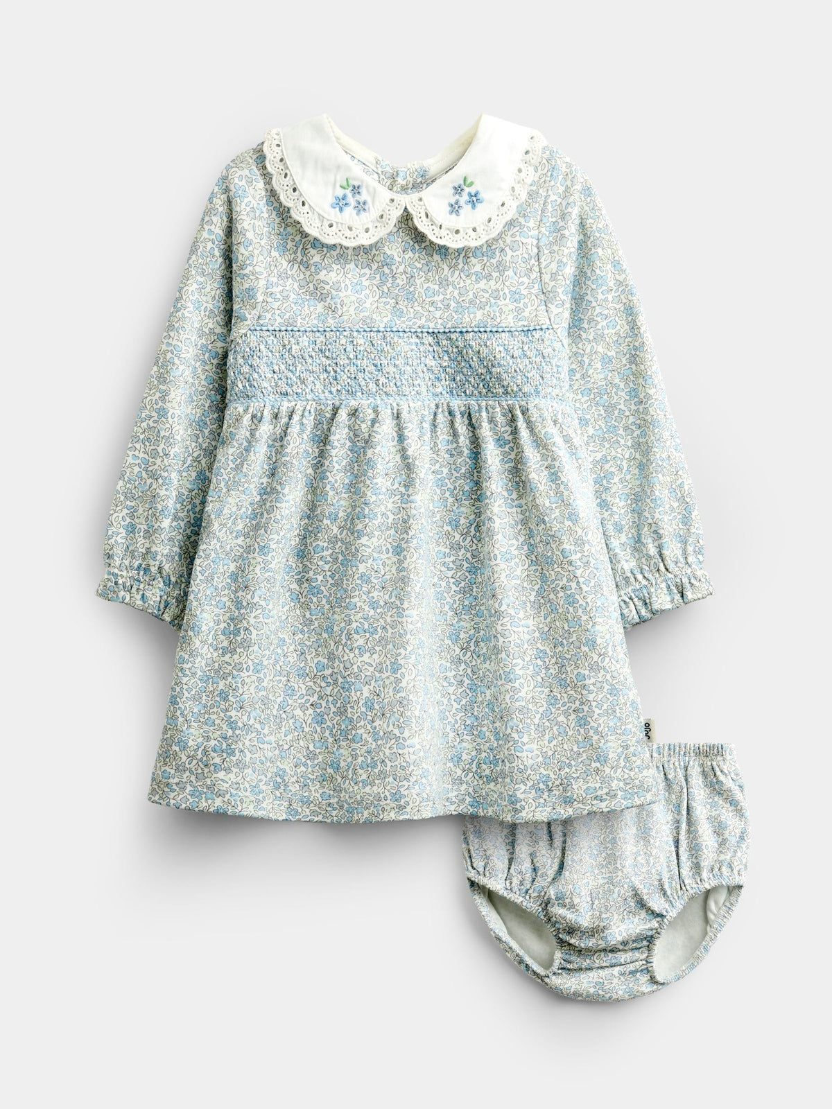 JoJo Maman Bébé Blue Disty Floral Floral Smocked Baby Dress Set