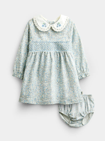 JoJo Maman Bébé Blue Disty Floral Floral Smocked Baby Dress Set