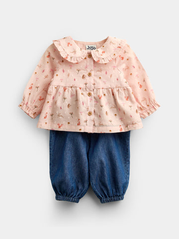 JoJo Maman Bébé Pale Pink Woodland Baby Blouse & Chambray Trouser Set