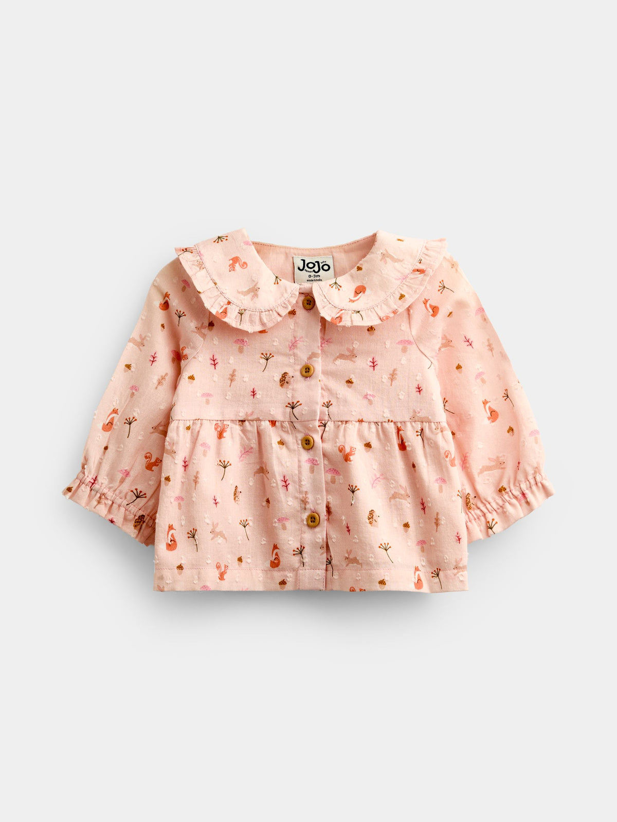 JoJo Maman Bébé Pale Pink Woodland Baby Blouse & Chambray Trouser Set