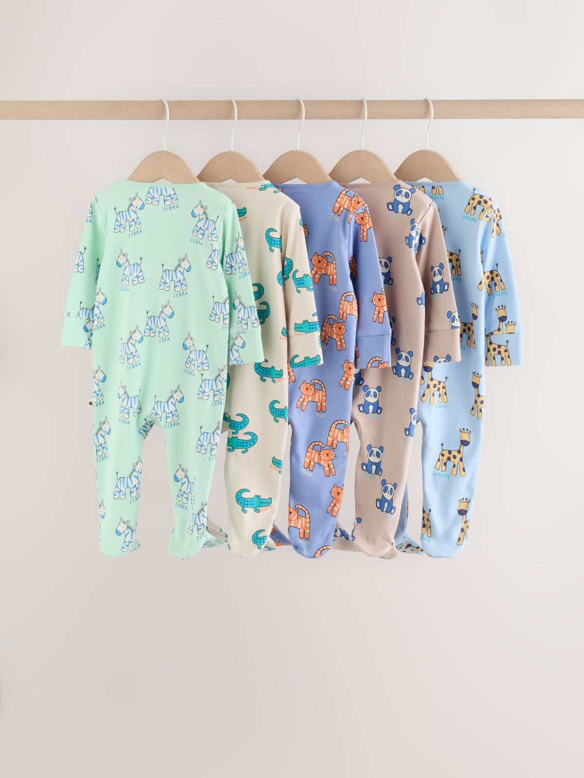 Blue Animal Two Way Zip Baby Sleepsuits 5 Pack (0-2yrs)