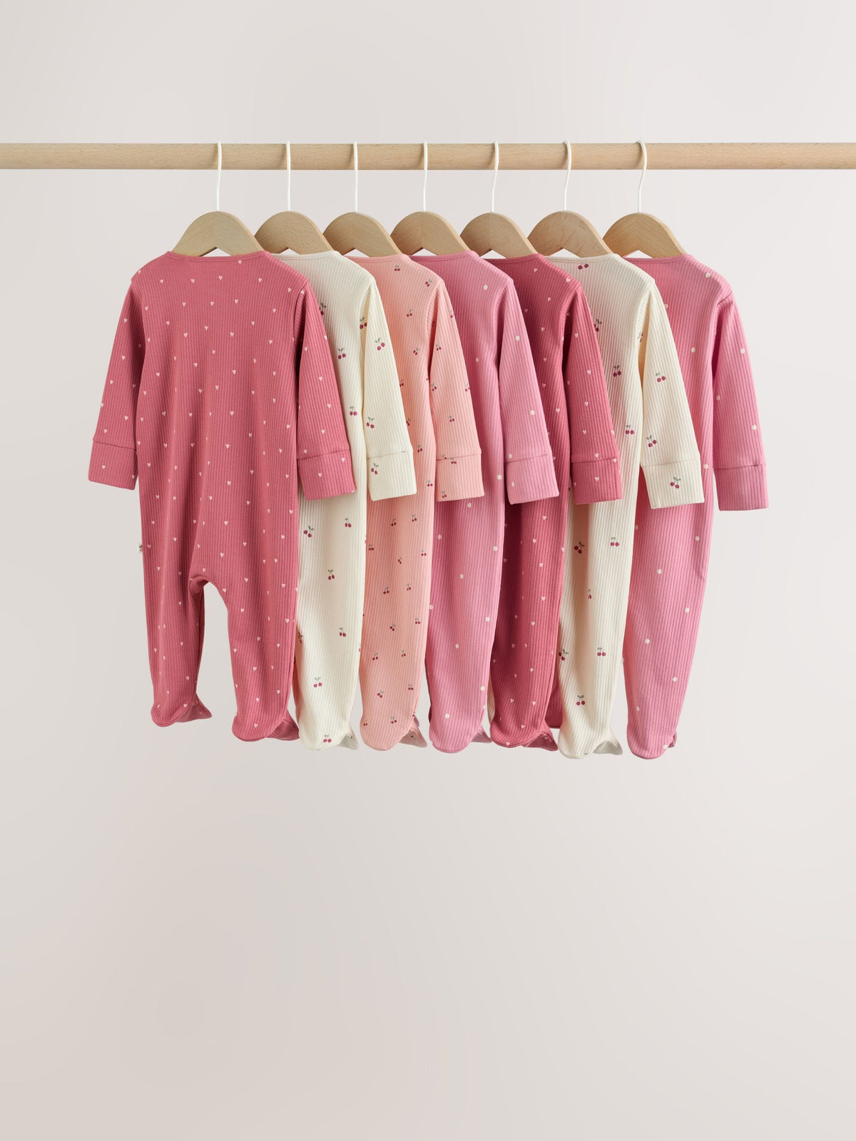 Pink Cherry Print 7 Pack Two Way Zip Baby Sleepsuits (0mths-3yrs)